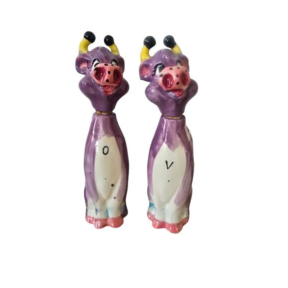 Vintage Purple Cow Oil and Vinegar Hand Painted Cruets Made in Thames  Japan - Picture 1 of 6
